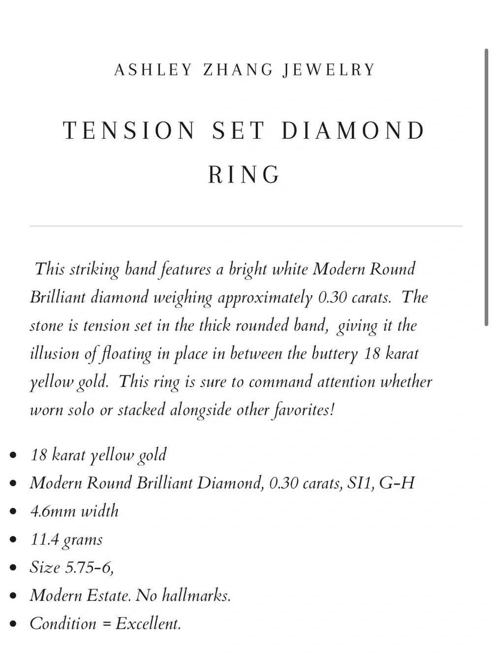 Ashley Zhang tension set diamond ring in  18 karat yellow gold
